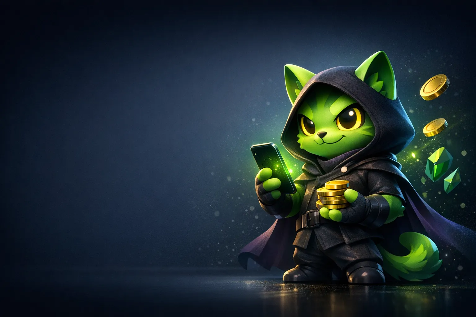 Glowing 3D crypto coin mascot with deep navy background and teal accent lighting for BCGame app page